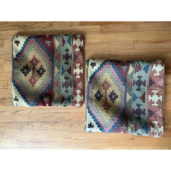 Indian 2 Set Wool Jute Kilim  Pillow Cushion Cover Decor Sofa Chair Boho - Picture 1 of 7